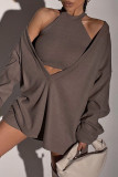 Black Sexy Solid Patchwork V Neck Long Sleeve Two Pieces