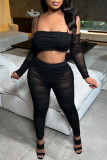 Black Fashion Sexy Solid Patchwork See-through Backless Spaghetti Strap Long Sleeve Two Pieces