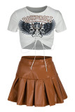 White Fashion Sexy Print Hollowed Out Patchwork Frenulum O Neck Short Sleeve Two Pieces Crop Tops And Pleated Skirt Sets
