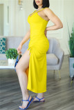 Желтое модное сексуальное однотонное длинное платье с уздечкой и открытой спиной на бретельках