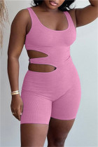 Pink Sexy Casual Solid Hollowed Out U Neck Skinny Romper