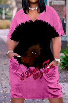 Vestido de manga curta preto rosa moda casual estampa básica decote em v