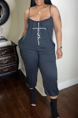 Dark Gray Fashion Casual Print Backless Spaghetti Strap Regular Jumpsuits