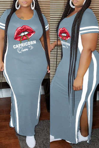 Grey Fashion Casual Plus Size Lips Printed Patchwork Slit O Neck Short Sleeve Dress