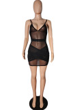 Black Fashion Sexy Solid Patchwork See-through Backless Spaghetti Strap Sleeveless Dress