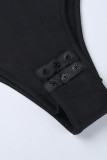 Body preto sexy elegante sólido patchwork com decote em V regular