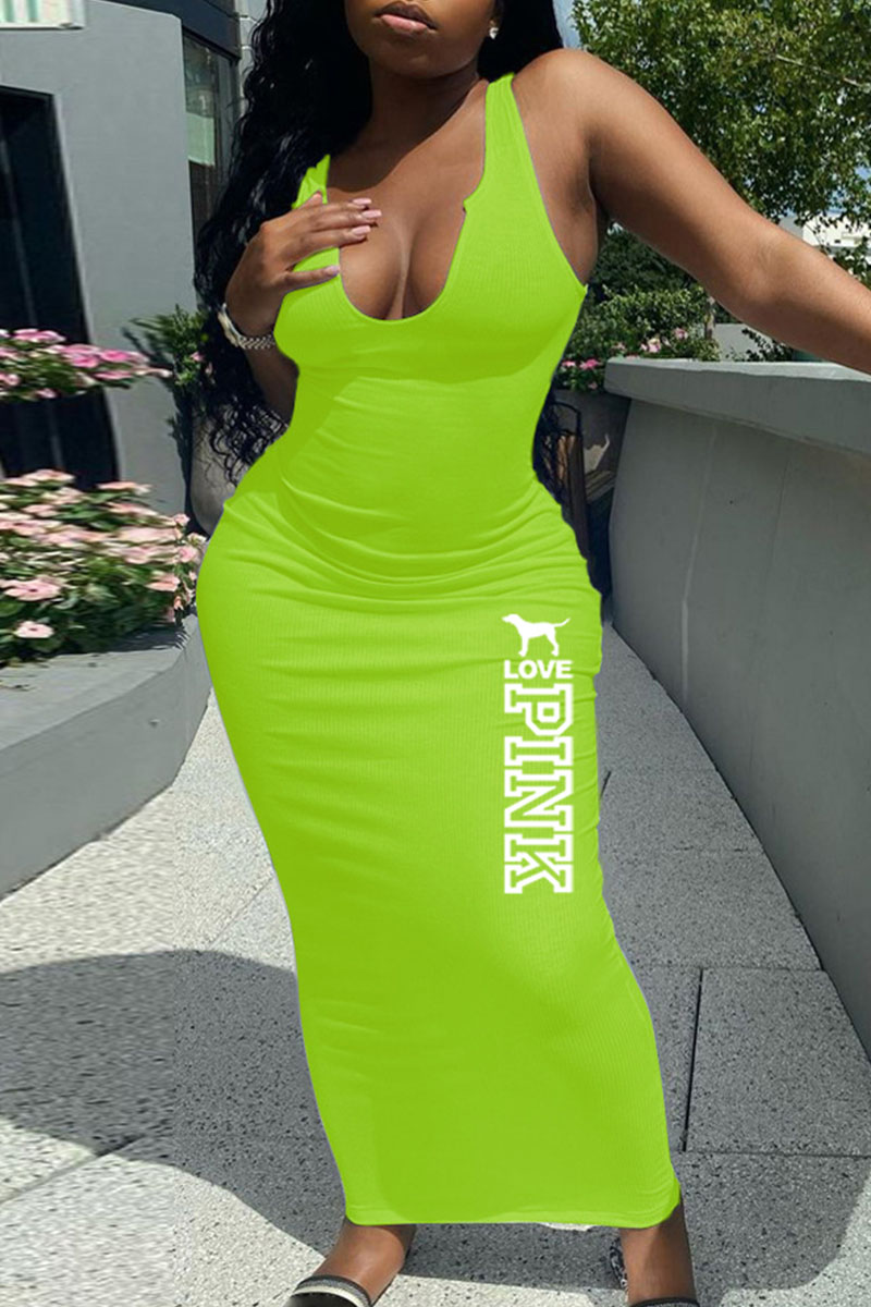 

Fluorescent Green Fashion Simplicity Print Letter V Neck One Step Skirt Dresses