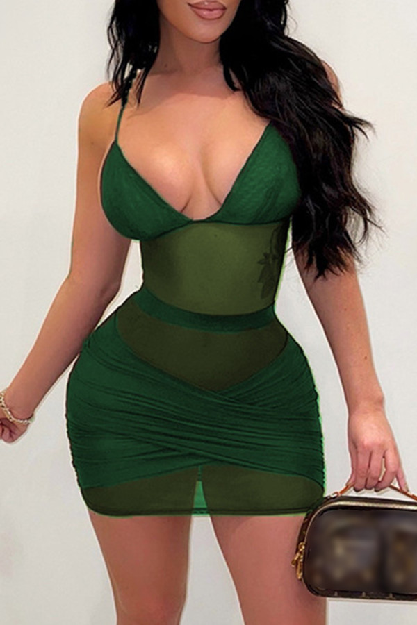 Green Fashion Sexy Solid Patchwork See-through Backless Spaghetti Strap Sleeveless Dress
