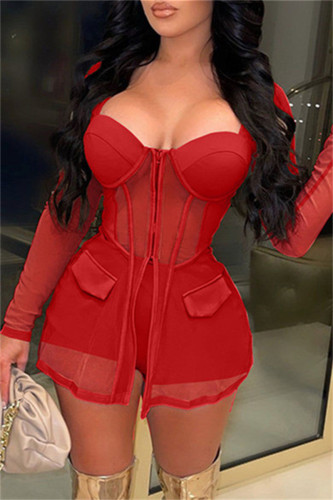Red Fashion Sexy Patchwork See-through Slit Square Collar Long Sleeve Two Pieces