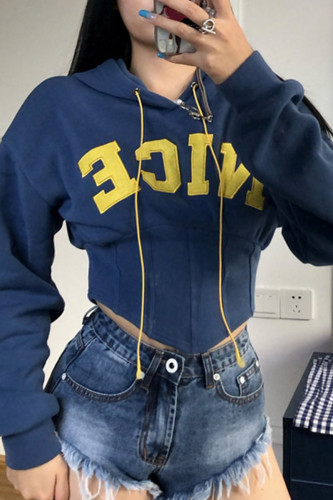 Navy Blue Casual Street Solid Embroidered Bandage Split Joint Asymmetrical Hooded Collar Tops