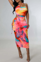 Pink Sexy Print Hollowed Out Patchwork Frenulum Spaghetti Strap One Step Skirt Dresses