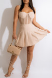 Apricot Fashion Sexy Solid Patchwork See-through Backless Spaghetti Strap Pleated Dresses