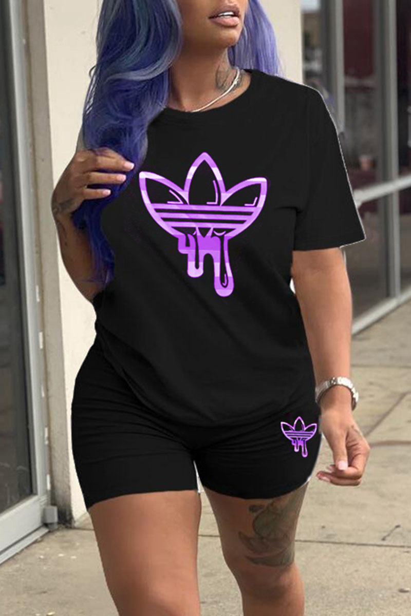 

Purple Fashion Casual Print Split Joint O Neck Short Sleeve Two Pieces