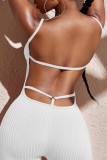 Branco sexy sólido retalhos sem costas espaguete cinta macacões magros