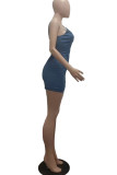 Lichtblauwe mode sexy effen rugloze split spaghettibandjes mouwloze skinny denim jurken