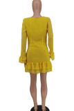 Yellow Sexy Solid Patchwork Flounce V Neck A Line Dresses