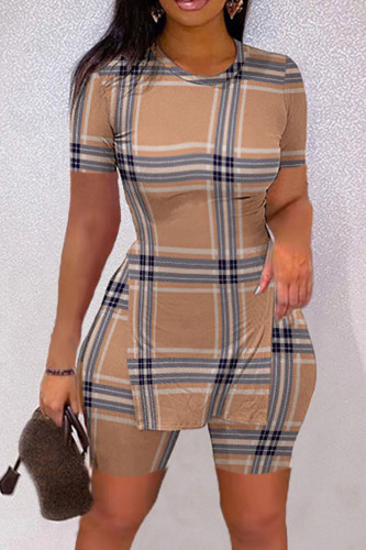 Dark Khaki Casual Print Patchwork Slit O Neck Short Sleeve Two Pieces