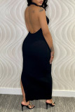 Vestidos de falda de un paso con cuello en V y abertura de patchwork sólido sexy negro