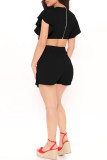 Black Fashion Sexy Solid Patchwork Flounce V Neck Two Pieces
