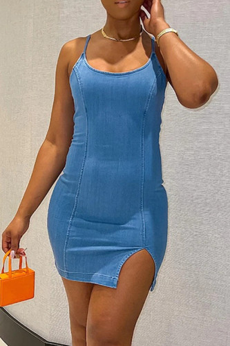 Lichtblauwe mode sexy effen rugloze split spaghettibandjes mouwloze skinny denim jurken