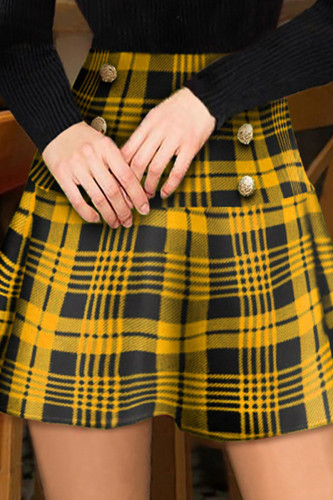 Bottoni patchwork con stampa scozzese casual gialla a vita alta Tipo A Pantaloni con stampa completa