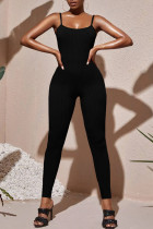 Schwarzer, sexy, einfarbiger, rückenfreier, schmaler Jumpsuit mit Spaghettiträgern