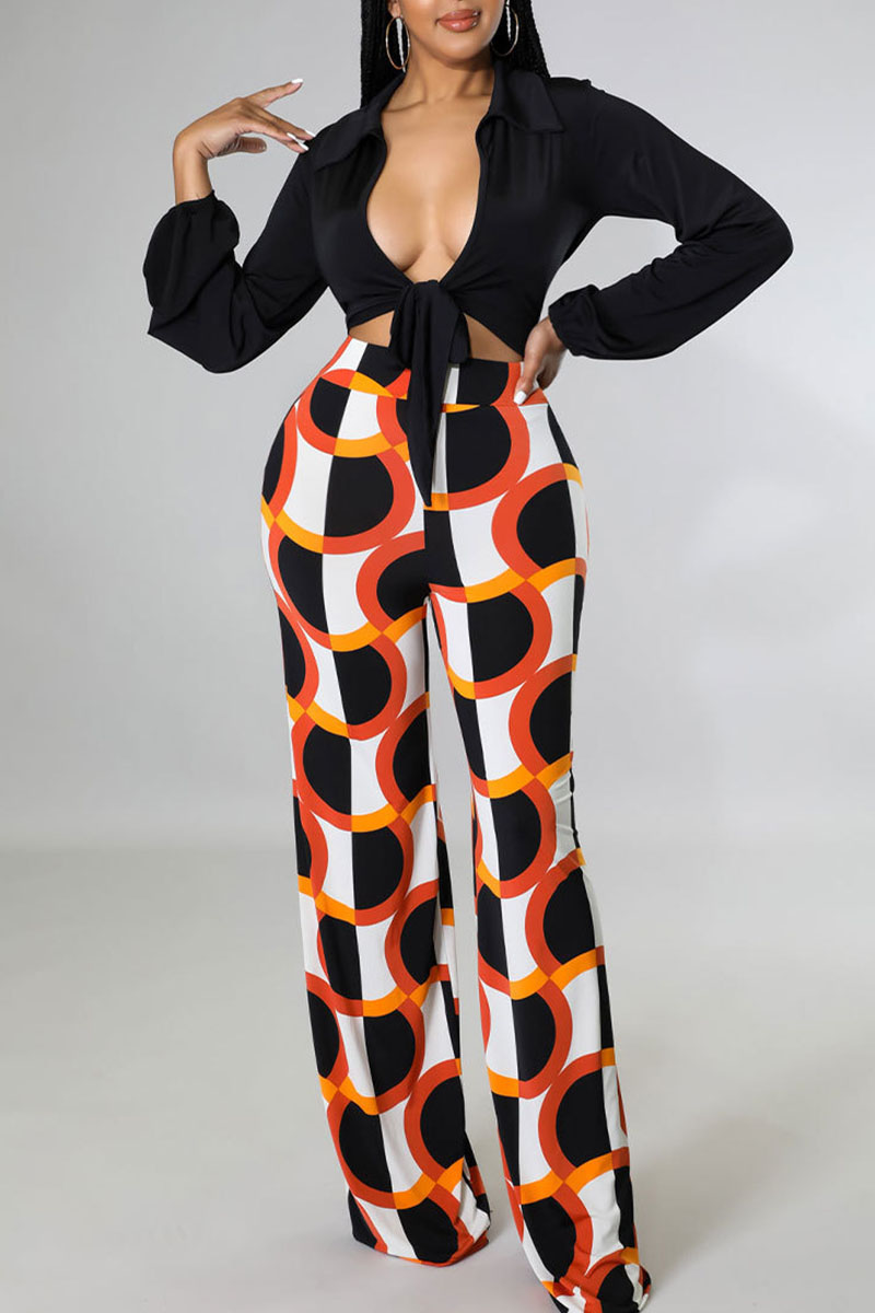 

Black Casual Print Bandage Split Joint V Neck Long Sleeve Two Pieces