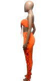 Tangerine Red Sexy Solid Hollowed Out Patchwork Frenulum Strapless Sleeveless Two Pieces