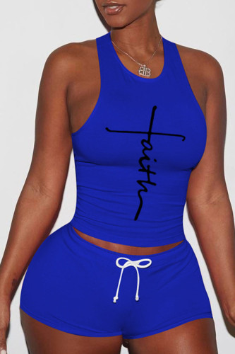 Royal Blue Sexy Sportswear Print Patchwork O Neck Sleeveless Two Pieces