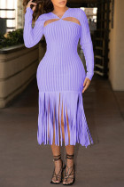 Фиолетовые модные повседневные платья с длинными рукавами и сплошной кисточкой с открытой спиной и V-образным вырезом