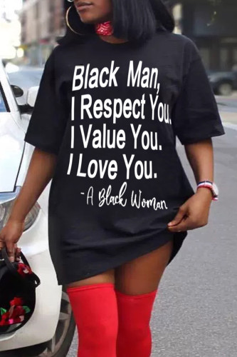 Black Fashion Casual Plus Size Letter Print Basic O Neck Short Sleeve Dress