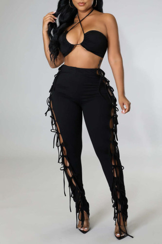 Black Sexy Solid Hollowed Out Patchwork Frenulum Strapless Sleeveless Two Pieces