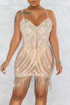 Apricot Sexy Patchwork Hot Drilling Tassel See-through Backless Spaghetti Strap Sleeveless Dress