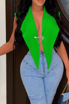 Tops con cuello vuelto, color verde, sexy, de retales lisos (con broche)