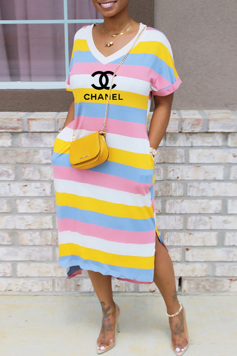 

Pink Fashion Casual Striped Letter V Neck Straight Dresses