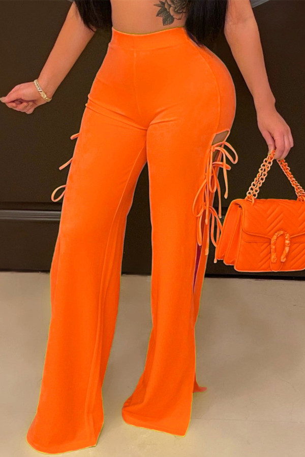 オレンジファッションカジュアルソリッド包帯スリットレギュラーハイウエストパンツ