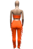 Tangerine Red Sexy Solid Hollowed Out Patchwork Frenulum Strapless Sleeveless Two Pieces