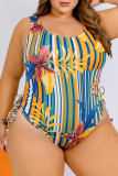 Blue Casual Vacation Print Patchwork U Neck Plus Size Two Pieces