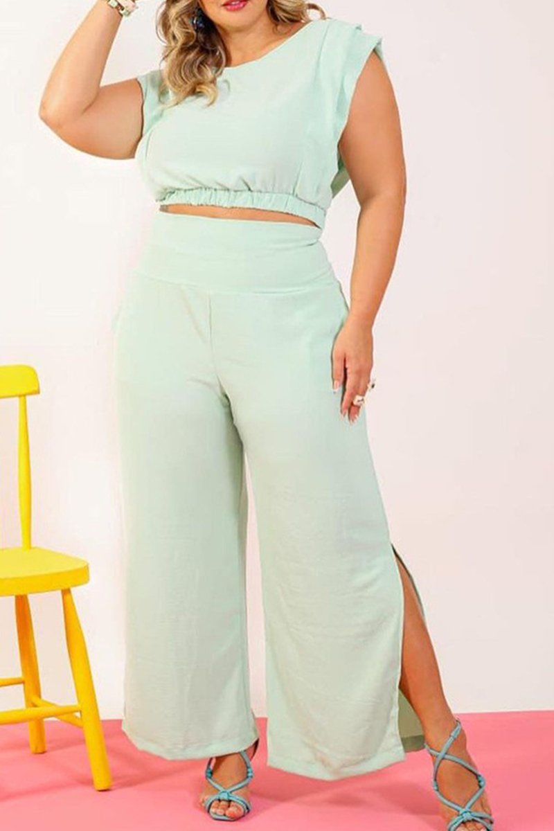 

Mint green Casual Solid Split Joint O Neck Plus Size Two Pieces