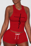 Röd sexig sportkläder Print Patchwork O-hals ärmlös två delar