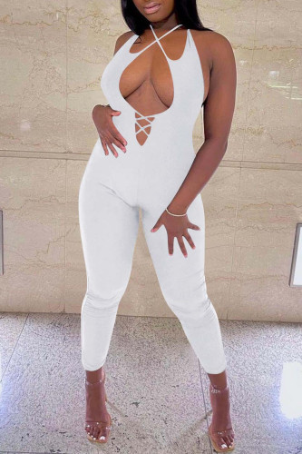 White Sexy Solid Patchwork Backless Halter Skinny Jumpsuits