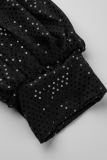 Macacão preto casual patchwork de lantejoulas com decote em V plus size