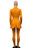 Orange Casual Solid Patchwork Fold Asymmetrical Turn-back Collar Long Sleeve Two Pieces