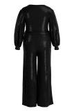 ブラックカジュアルパッチワークスパンコールVネックプラスサイズジャンプスーツ