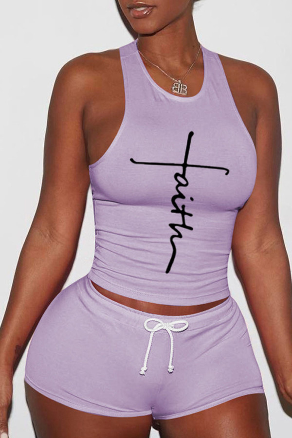 Фиолетовая сексуальная спортивная одежда с принтом в стиле пэчворк с круглым вырезом без рукавов из двух частей