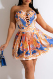 Blue Sexy Print Bandage Patchwork Strapless Sleeveless Two Pieces
