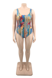 Blue Casual Vacation Print Patchwork U Neck Plus Size Two Pieces