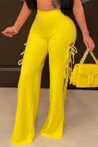 Желтые модные повседневные однотонные брюки с высокой талией и разрезом повязки