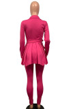 Rose Red Casual Solid Patchwork Fold Asymmetrical Turn-back Collar Long Sleeve Two Pieces