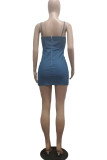 Light Blue Fashion Sexy Solid Backless Slit Spaghetti Strap Sleeveless Skinny Denim Dresses